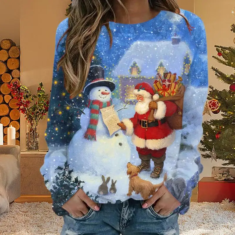 Merry Christmas Shirt For Women Pullover Casual Loose Long Sleeve Tops Funny Snowman Graphic Sweatshirt Comfortable Holiday