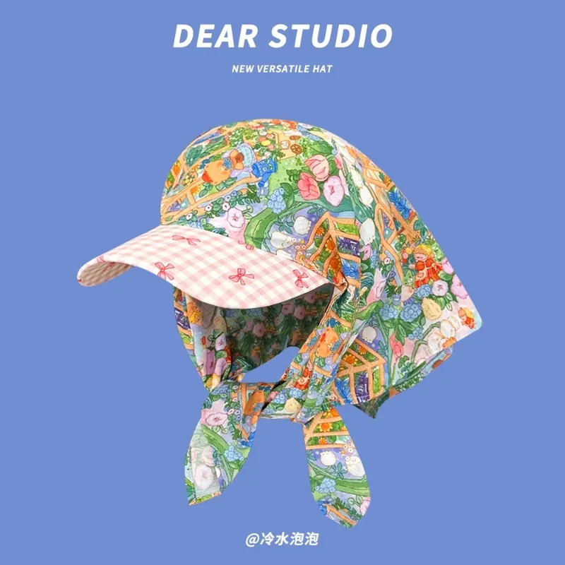 Japanese Fresh Pastoral Style Lace Strap Headscarf Cap for Women Summer Fashion Sunscreen Sweet Versatile Printed Sun Hats 2