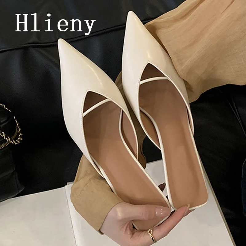 Hlieny Cozy White Leather Pointed Toe Designer Low Thin Heels Mules Slippers For Woman Shoes Pumps Women Slingback Sandal Slides