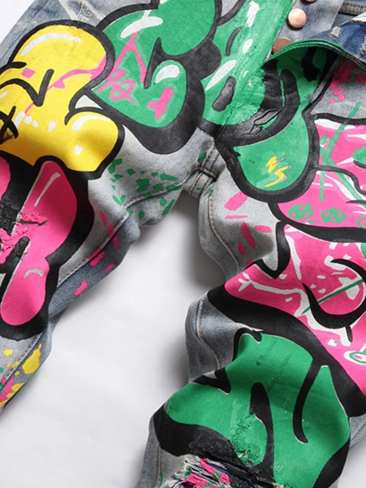 

Trendy Brand Men's Slim FitJean Cotton Elastic Cartoons Printed Hole Punching Capricious Long Trousers Faion Urban Daily Wear