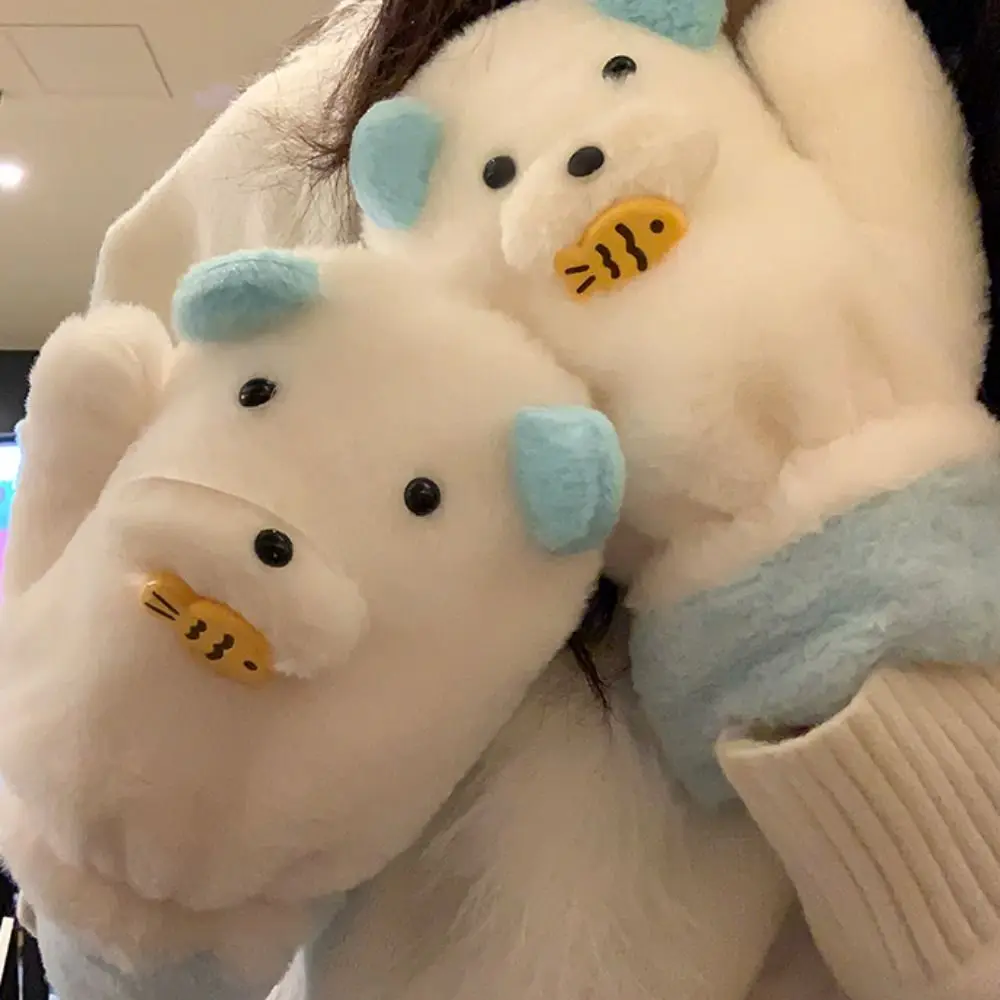 Fashion Finger Gloves Bear Earmuff Scarf Hanging Rope Eat Fish Winter Plush Earflap Windproof Cute Plush Scarf Glove Set Skiing