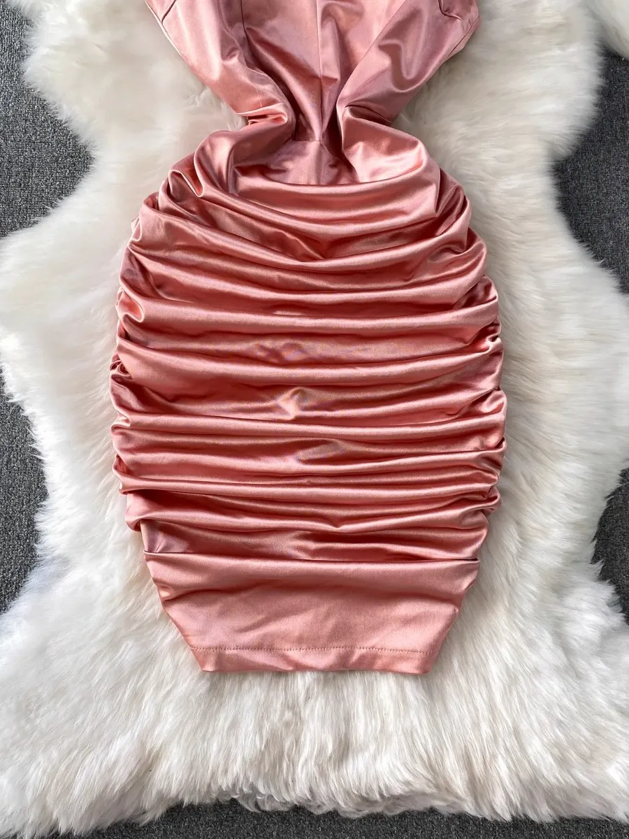 Foamlina Chic Glossy Satin Halter Dress Women 2025 Summer New Socialite Pleated Cinched Waist Slim Fit Bodycon Dresses