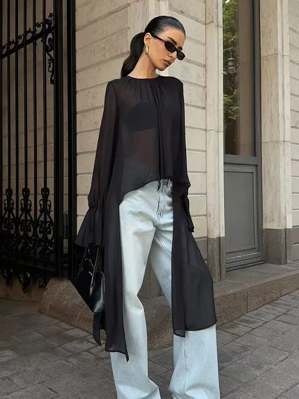 

Bla Asymmetrical Hem Chiffon Top with Lace Sves round Ne Long Sve Women's Sexy Perspective Top European Sle Loose...