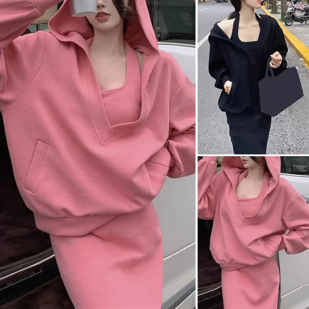 Spring Autumn Skirt 2 Piece Set Women Korean Casual Hooded Sweatshirt Sling Dress Sets Korean Hoodie Dress Sets Women's Clothing