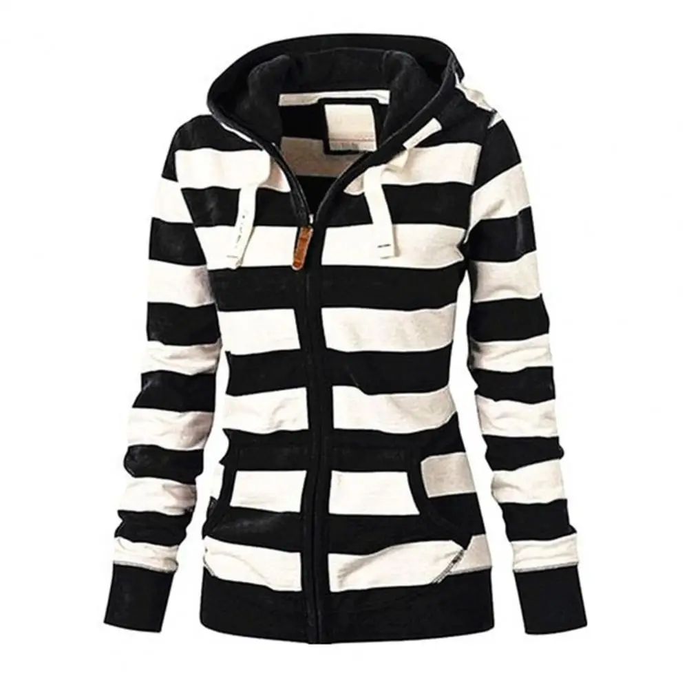 Women Coat Drawstring Long Sleeves Zipper Closure Sweatshirt Jacket Autumn Winter Women Striped Print Hoodie Coat