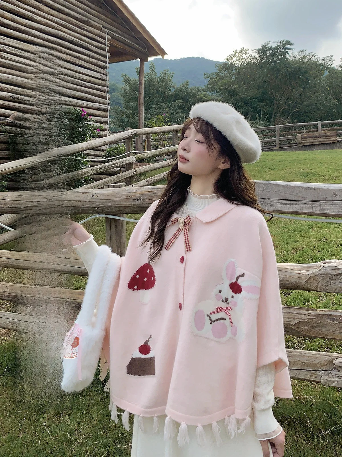 

Bibibency College Sle Autumn Winter Women's Knitted Cardigan with awl Collar And Tassel Small Rabbit Coat Open Front