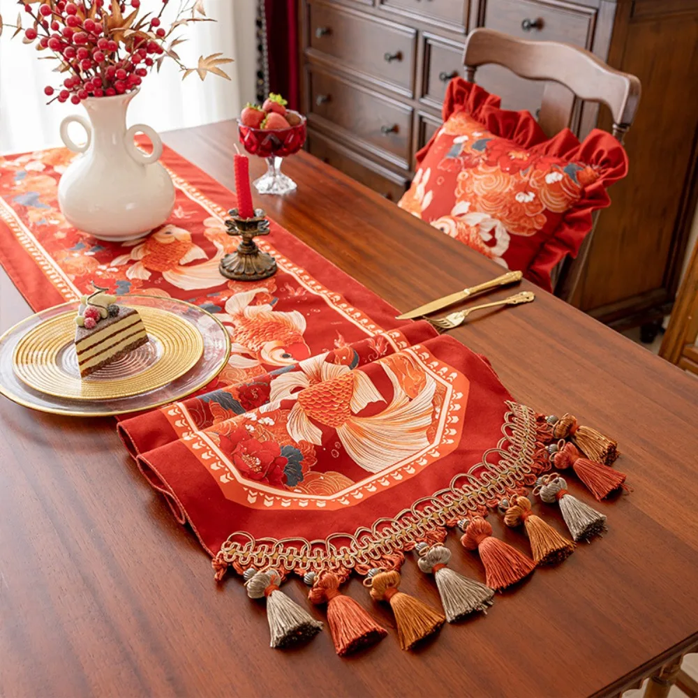 Luxury Long Tablecloth Cabinet Cover Towel Red Koi Fish Tassel Table Runner For Home Kitchen Dining Table Wedding Party Decor 0