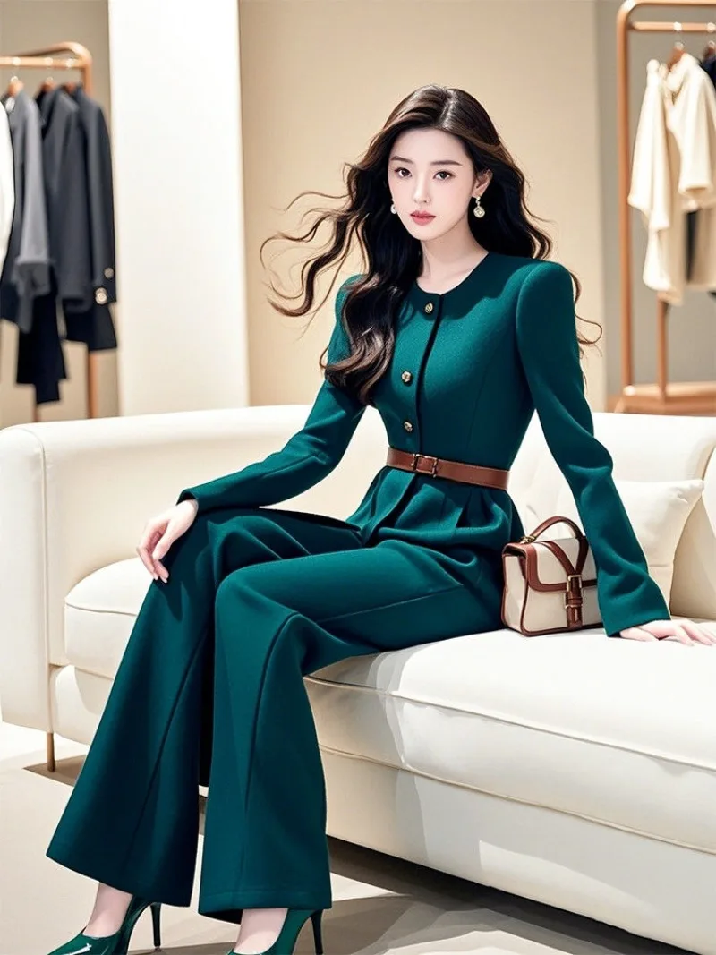 จั๊มสูทผู้หญิงคุณภาพสูงใหม่สำหรับฤดูใบไม้ร่วงและฤดูหนาว แฟชั่นเอวสูงทรงเข้ารูป แขนยาว สีพื้น เรียบหรู กางเกงขายาวทรงกว้าง