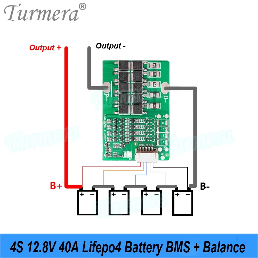 Turmera 4S 40A 12.8V 14.4V Balance BMS Protected Board Use in 3.2V 18650 26650 32700 33140 Lifepo4 Battery pack view 3