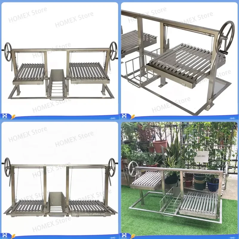 Stainless Steel Argentine Asado Grill Portable BBQ Smoker with Wooden Basket Outdoor Charcoal Barbecue Fire Pit for Camping