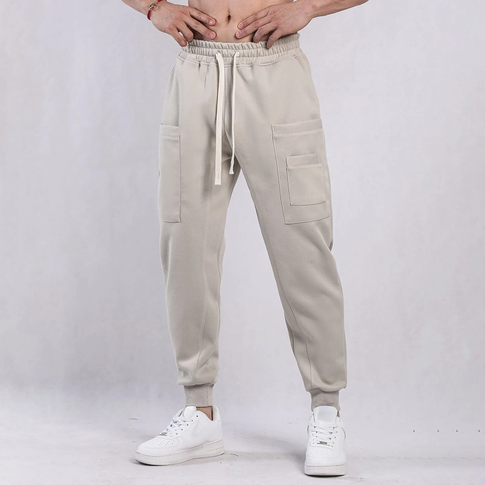 Mens Casual Waist Color Sports Hat Woven Pocket Foot Rope Solid Pants Street Cargo Tie Cargo Pants Men's Twill Pants