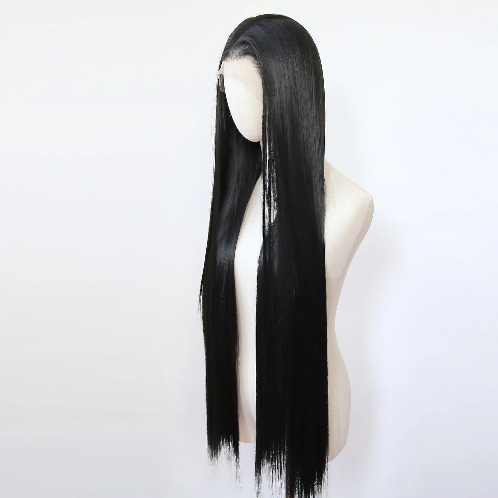 Wig sintetis renda depan hitam Natural 40 inci Wig sintetis depan renda hitam Jet panjang lurus Wig alami pra pencabutan garis rambut