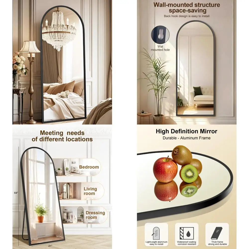 Miroir de sol arqué avec support, miroir pleine longueur 64x21, idéal pour les chambres et les salons, grand corps complet incliné ou suspendu