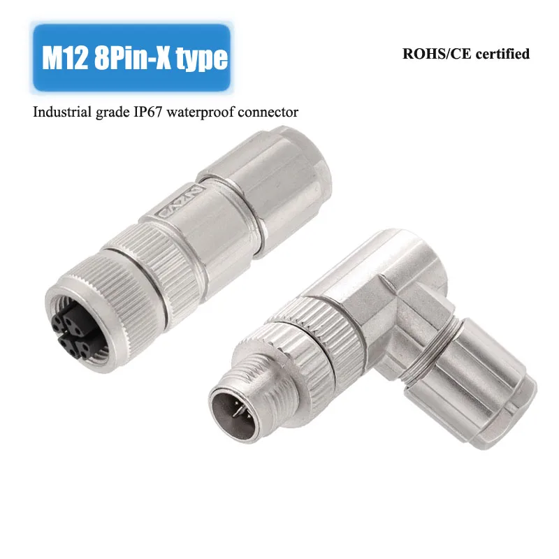 M12 8Pin X-coding Assembled Metal Plug Industrial Grade 8 Core Flange Socket PCB Solder/Screwing Lock Wire Waterproof Connectors