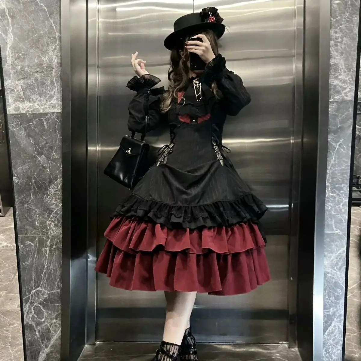 2026 جديد hotsale القوطية لوليتا طويلة الأكمام الوقوف طوق فستان بوانتر مانور خمر مخطط أنيق لوليتا OP فستان