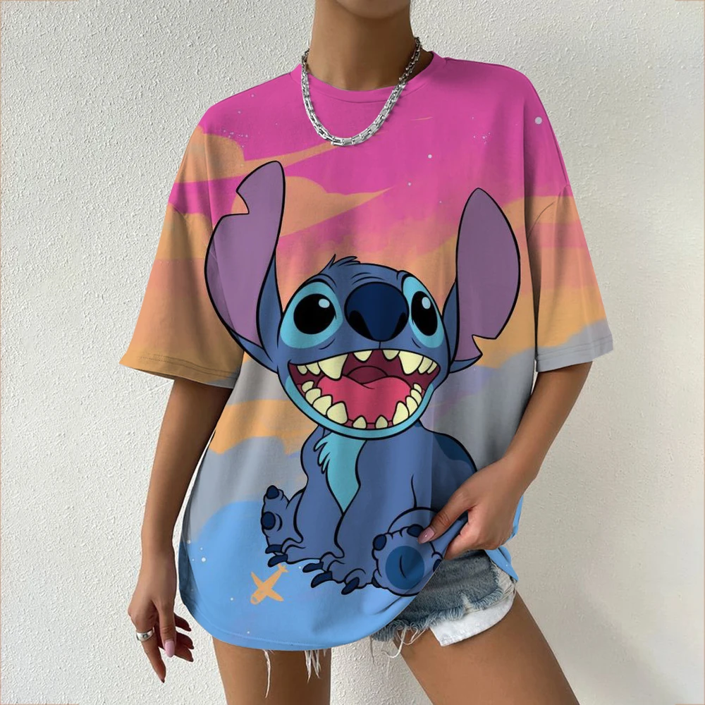 Summer Women's Lilo&Stitch Printed Casual Fashion White Multi functional Loose Round Neck T-shirt