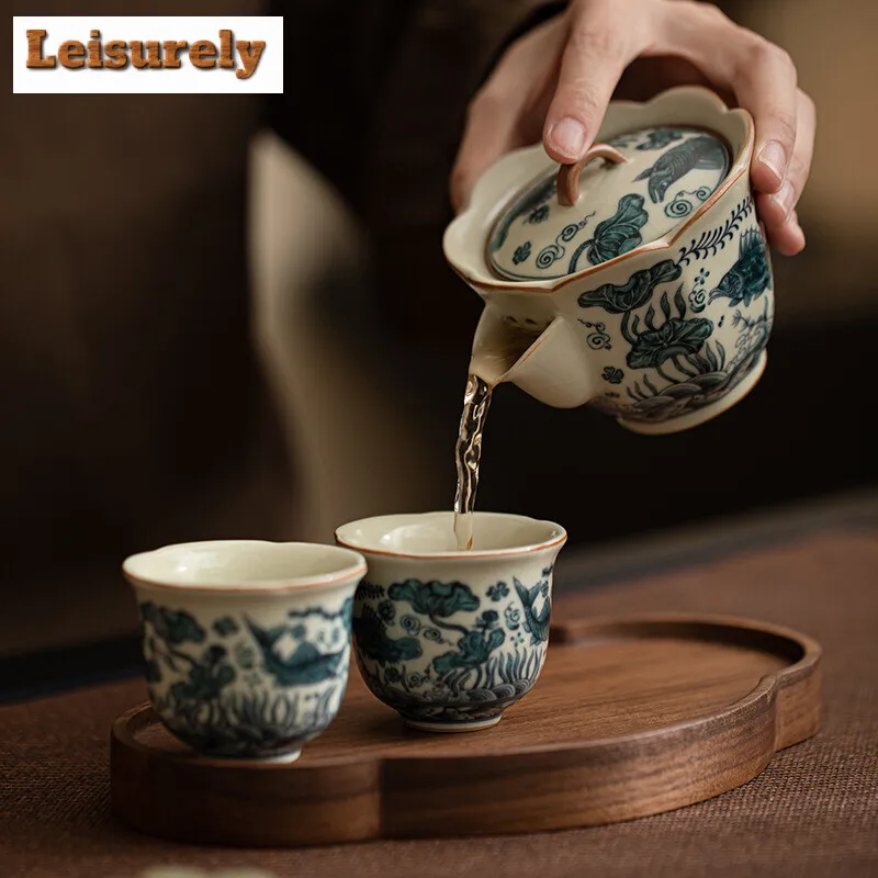 200ml Fish Algae Pattern Hand Grasping Pot Imitation Song Ru Kiln Gaiwan Flower Mouth Kettle Tea Soaking Infusions Pot Teaware