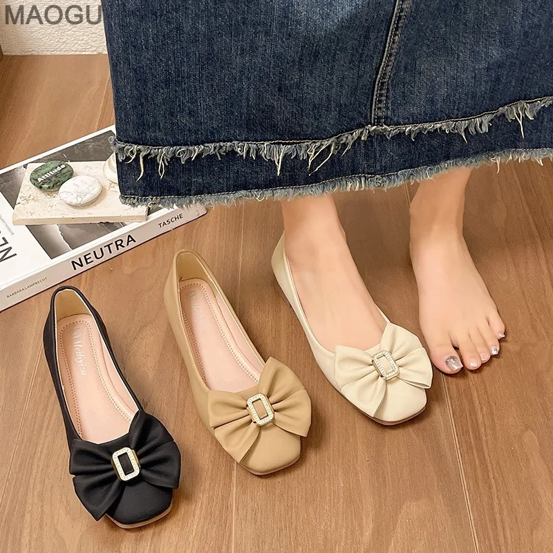French Flats Damen-Pumps mit klobigem, niedrigem Absatz und weicher Sohle, vielseitige Schleife, lässige Mokassins für Damen, bequeme Schuhe, Slip-on-Schuhe