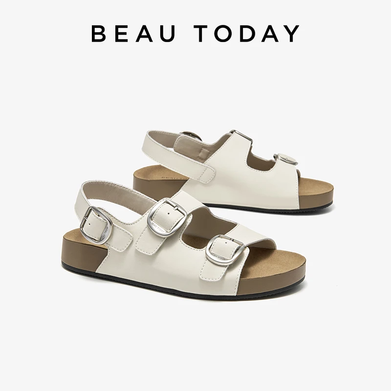 BEAUTODAY Casual Sandals Women Split Leather Solid Color Metal Buckle Open Toe Sandals Ladies Shoes 34640