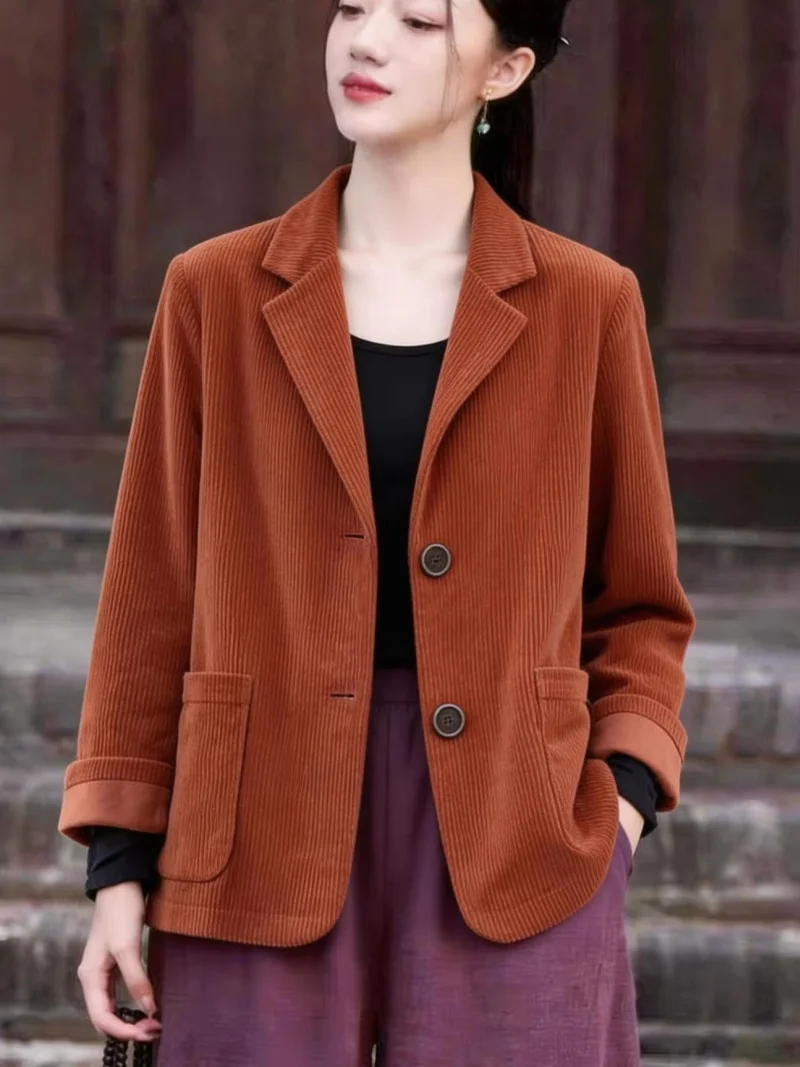 

Винтажная вельветовая короткая куртка для женщин, весенне-осенний повседневный блейзер-кардиган, универсальный топ с воротником в стиле ретро j395