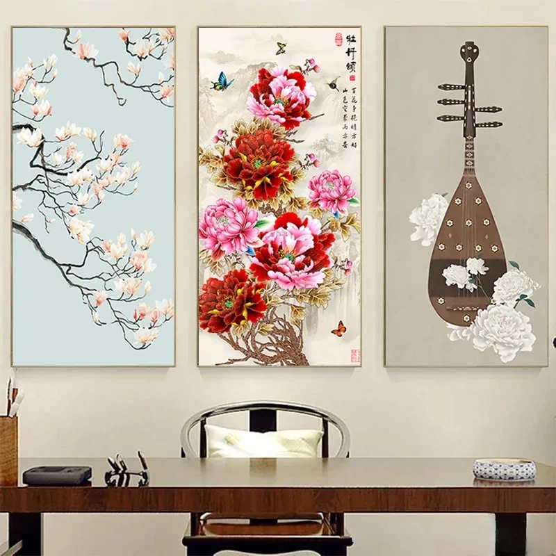 Traditional Retro Chinese Style Lotus Peony Letter Canvas Painting Poster Print Wall Art Picture Living Room Home Decor Cuadros
