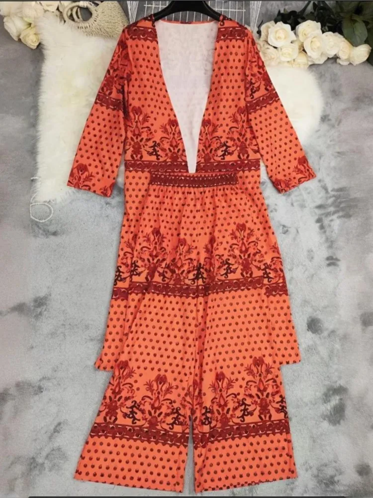 Cardigan a maniche lunghe stampato alla moda + pantaloni lunghi Set da due pezzi per la primavera estate Set di pantaloni larghi a gamba larga da donna