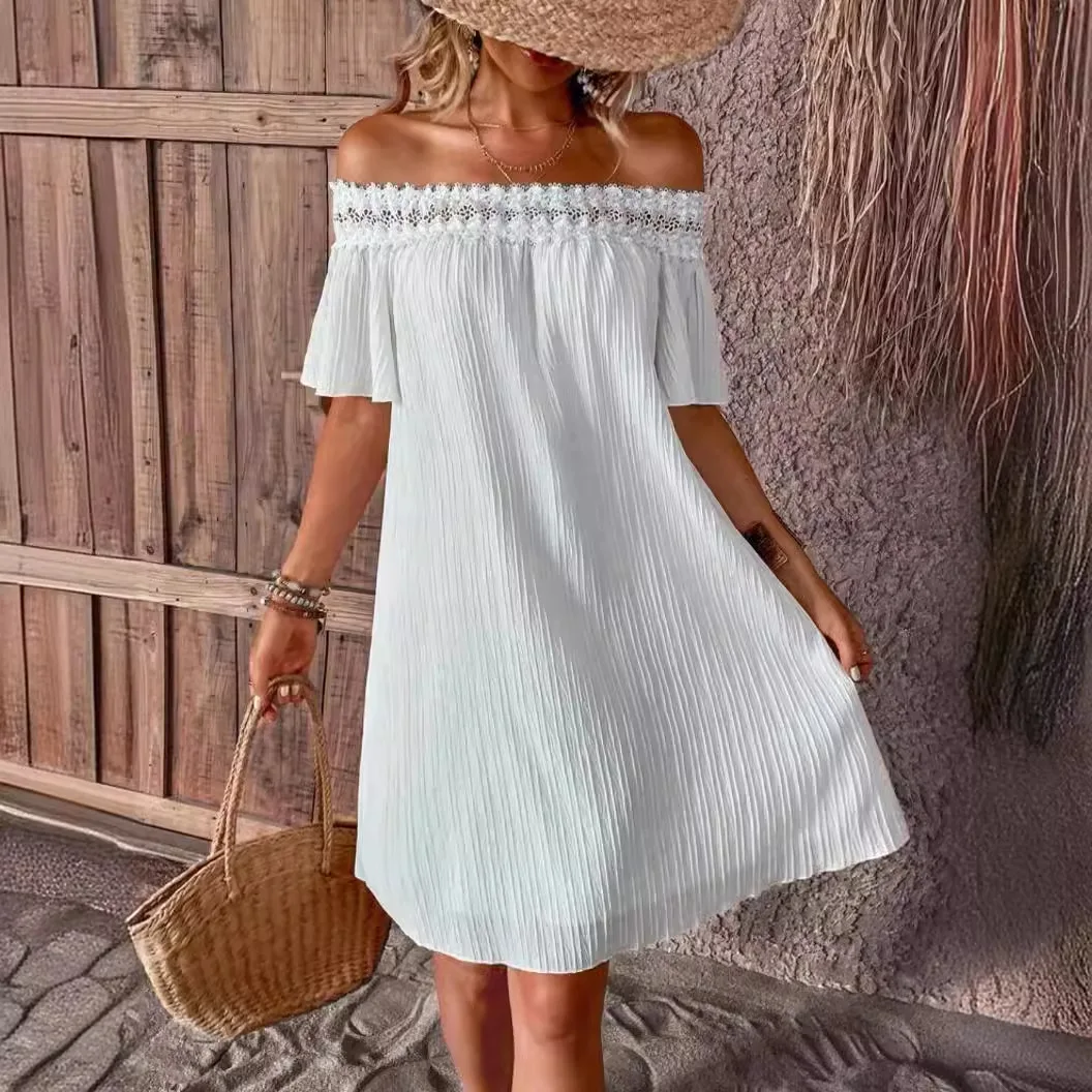 

2025 Women Off Shoulder White Maxi Dress Summer Sexy Cotton Sexy One Line Collar Split Vacation Vestido Beach Dresses Robes