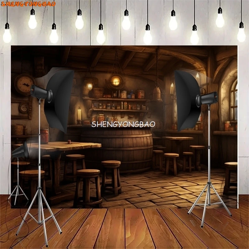 Vintage Old Tavern Barista Coffee Shop Bar Photography Backdrop Warm Medieval Inn Fantasy Retro Photo Studio Background LJG-01