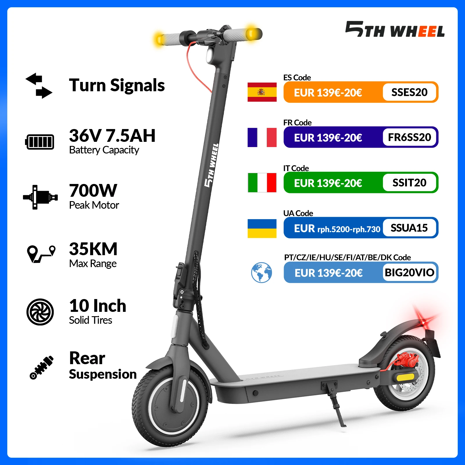 Trottinette électrique 5TH WHEEL, pneus pleins de 10 pouces, puissance de pointe de 500 W, 25 km/h, autonomie de 32-35 km, clignotants, 36 V 7,5 Ah