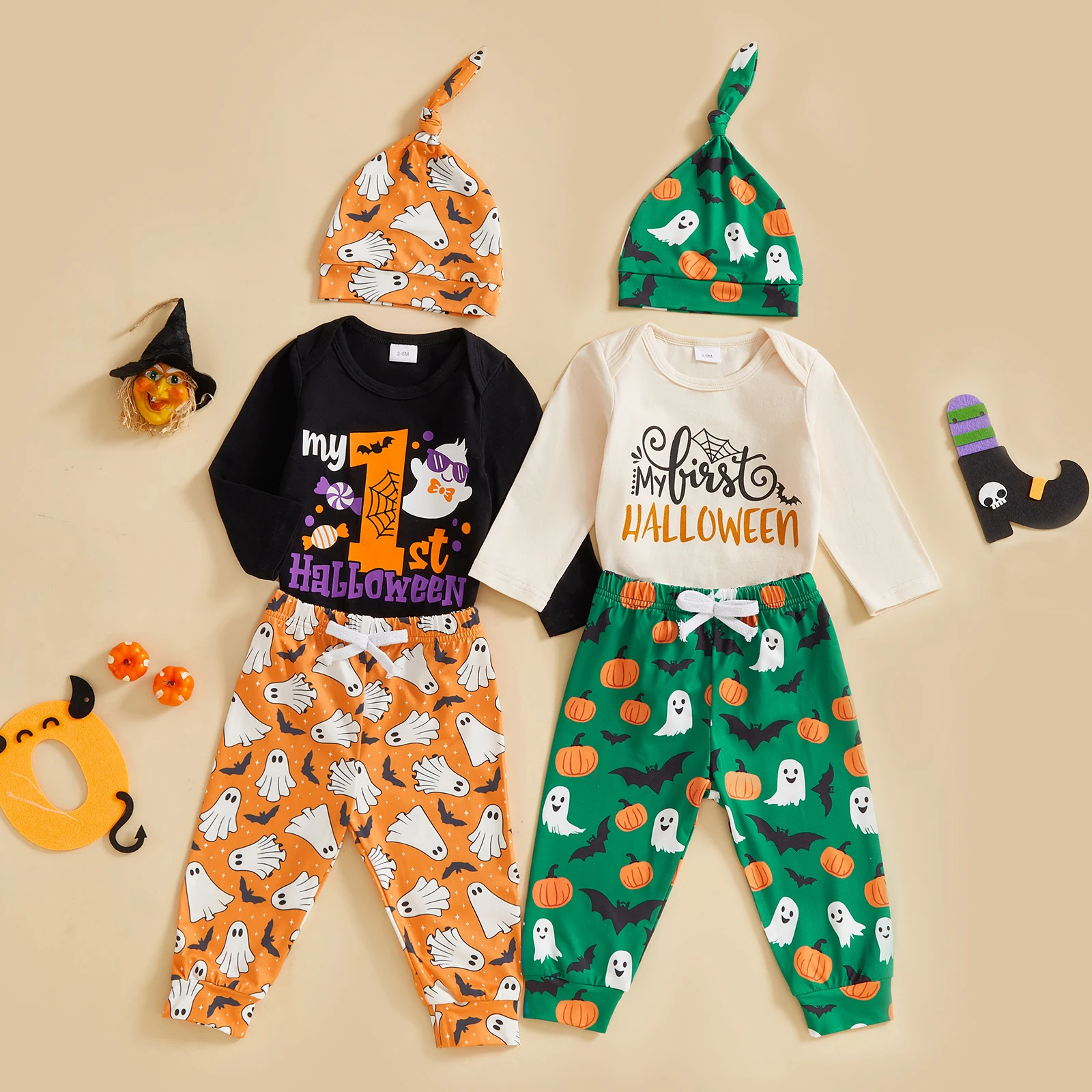 

Lioraitiin, одежда на Хэллоуин для маленьких мальчиков, комбинезон с длинными рукавами и буквенным принтом, штаны-призраки с эластичной резинкой на талии и шапка, осенний наряд из 3 предметов