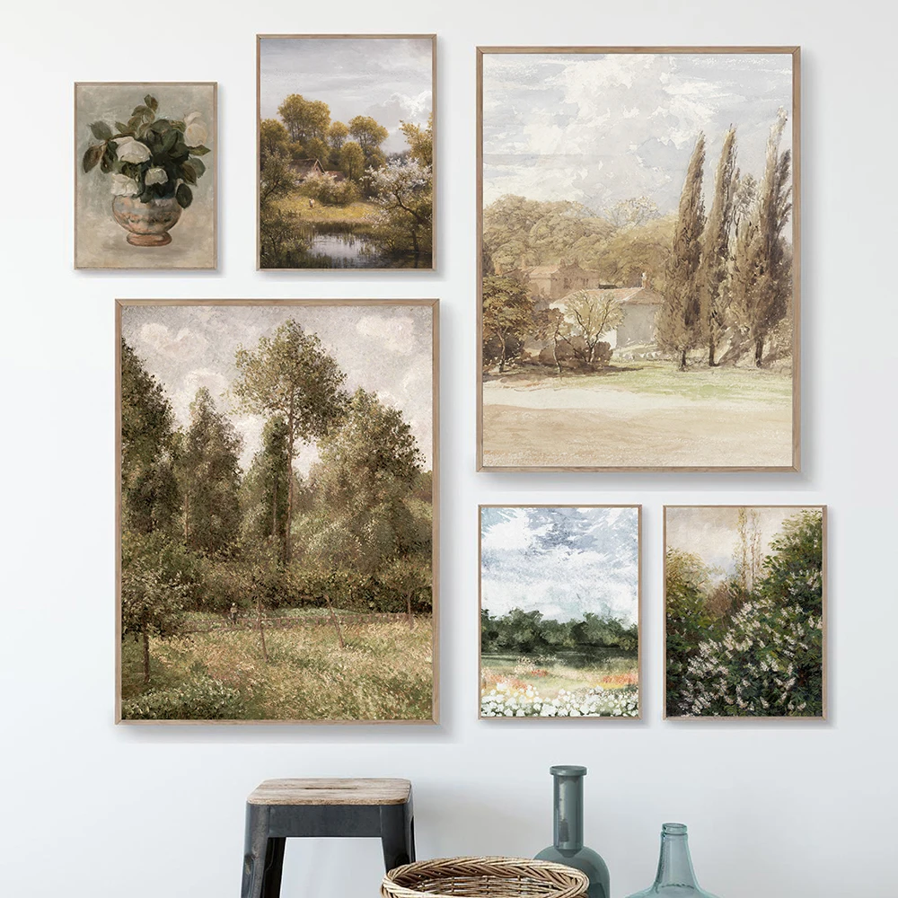 Vintage Summer Landscape  Painting Prints Farmhouse Tree Posters Flower Field Art Canvas Print Country Gallery Wall Decor
