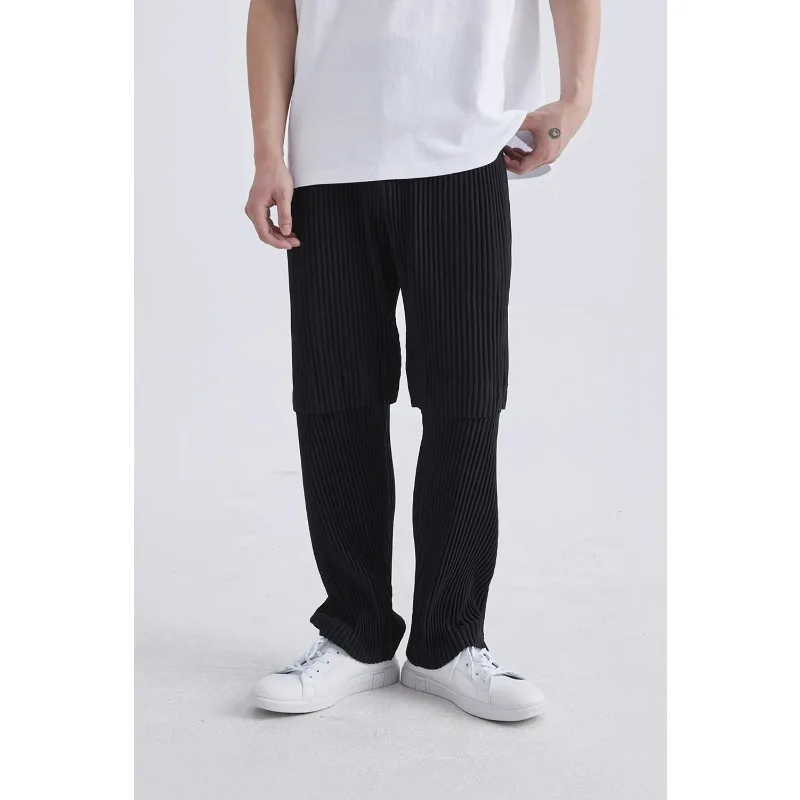 Pleated Texture Relaxed Casual Splice Straight Long Pants Men's Korean Fashion Cargo pants Vintage Straight Cropped Pants