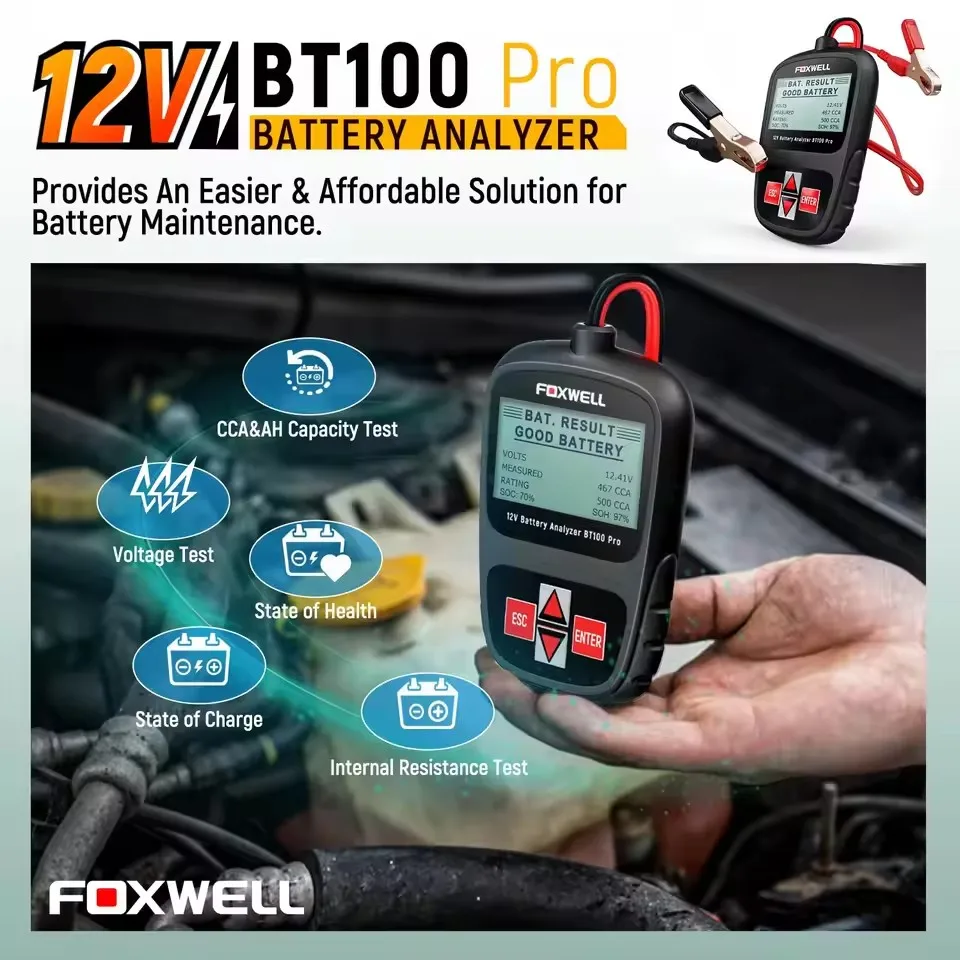 FOXWELL BT100 PRO 12V Car Motorcycle Battery Tester Charging Cranking Circuit Test Battery Diagnostic Analyzer Inspection Tools