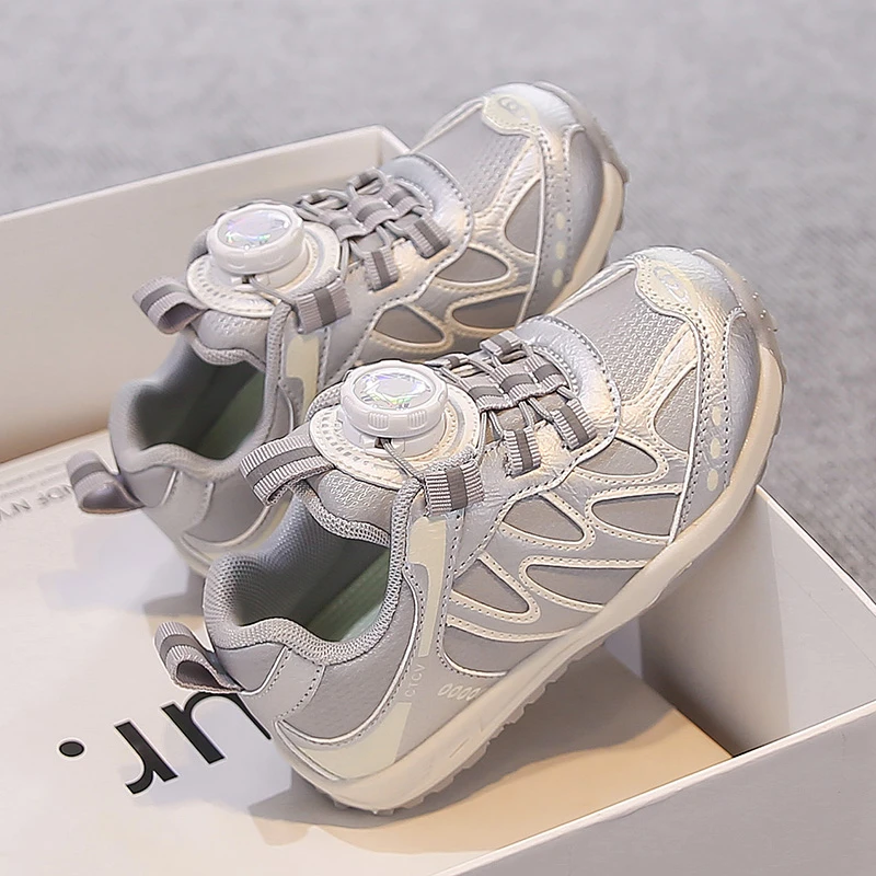 Kids Rotary Buckle Outdoor Sneakers Breathable Mesh Shock Absorbing Sole Three Color Matching Boys Girls Sport Walking Footwear