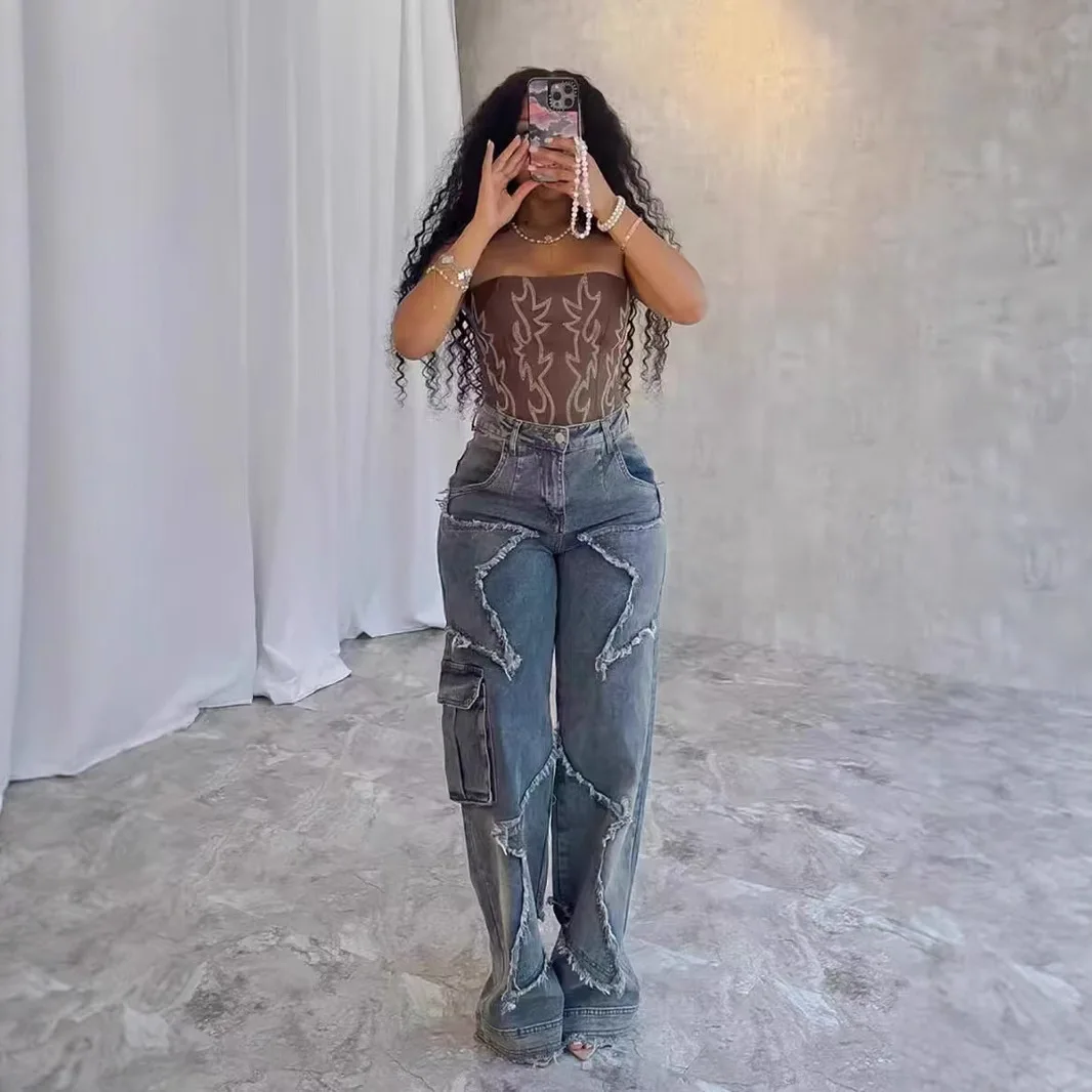 

Потертые женские джинсы с высокой талией на молнии, джинсовые брюки, осень-зима 2023, новые популярные уличные брюки-карго для тренировок