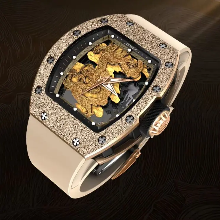 

CRONUSART Мужские автоматические часы 50 мм Tonneau Механические наручные часы Luminou Фторкаучуковый ремешок Золотой дракон с полым циферблатом