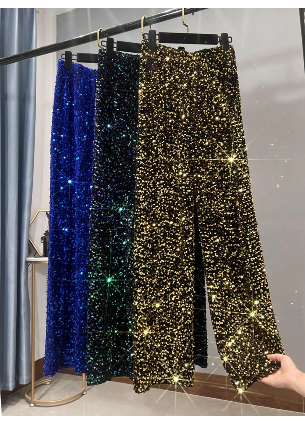 Women's Pants Spring and Autumn New Korean Version of The Sequin Wide-legged Pants Longer Draped Shiny Casual Straight Pants