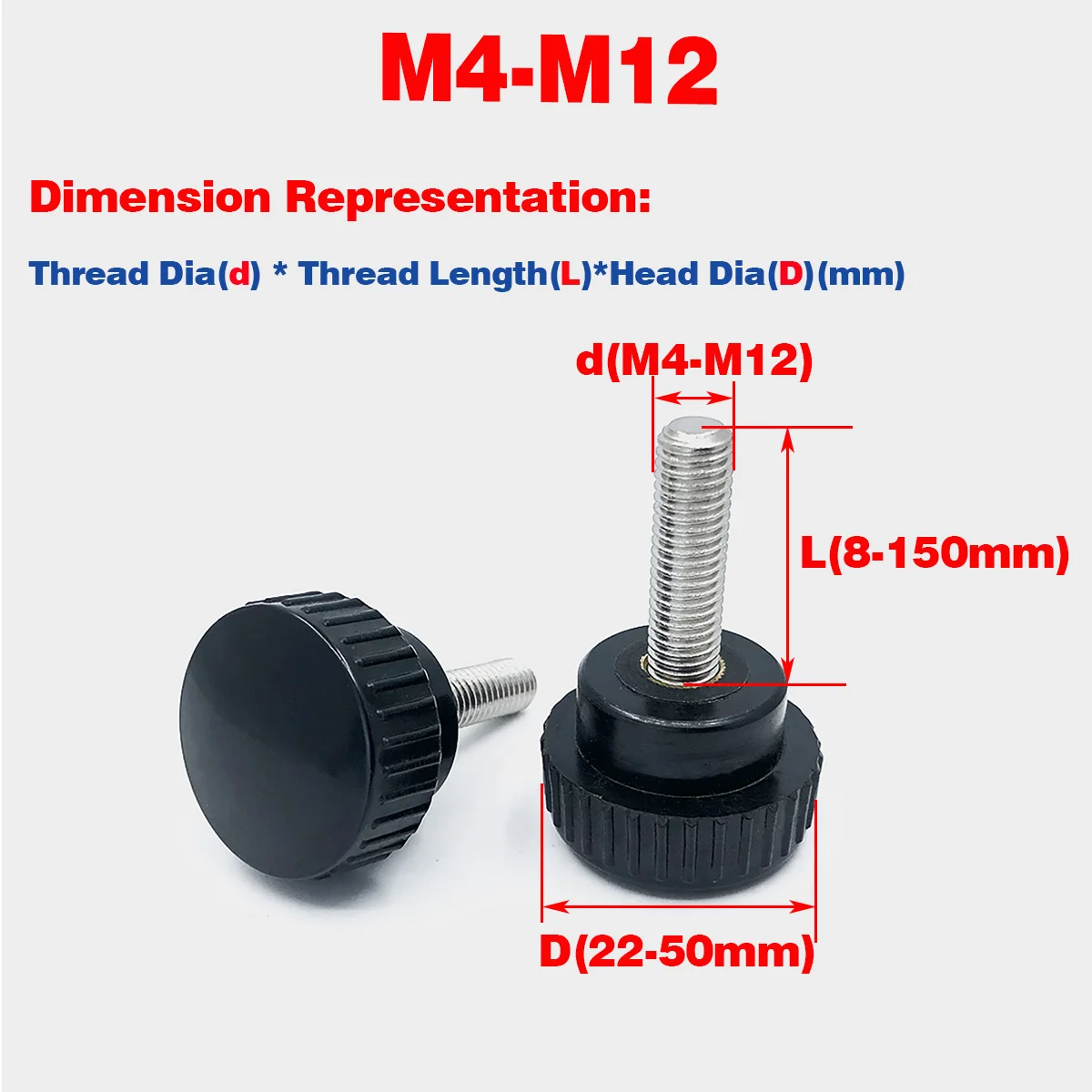 

304SS Bakelite Hand Screw / Round Head Handle Screw / Knurled Plastic Knob M4-12