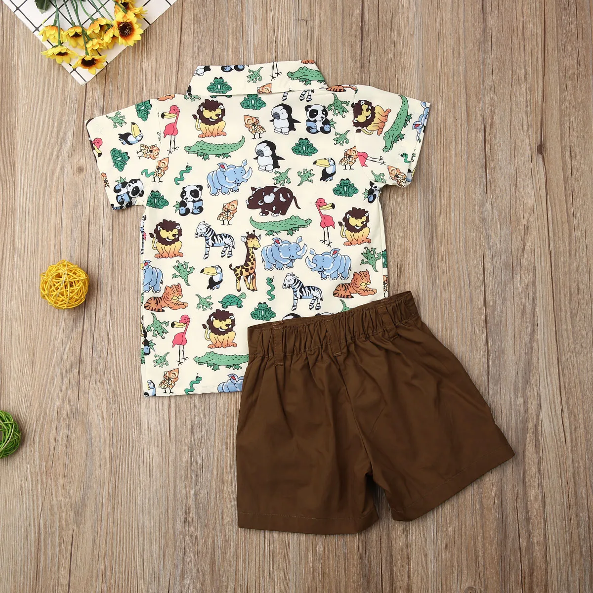 1-5Y Boy Cute Shorts Set Cartoon Animal Print Short Sleeve Lapel T Shirt Solid Color Button Breeches Suit Boys Clothing Set