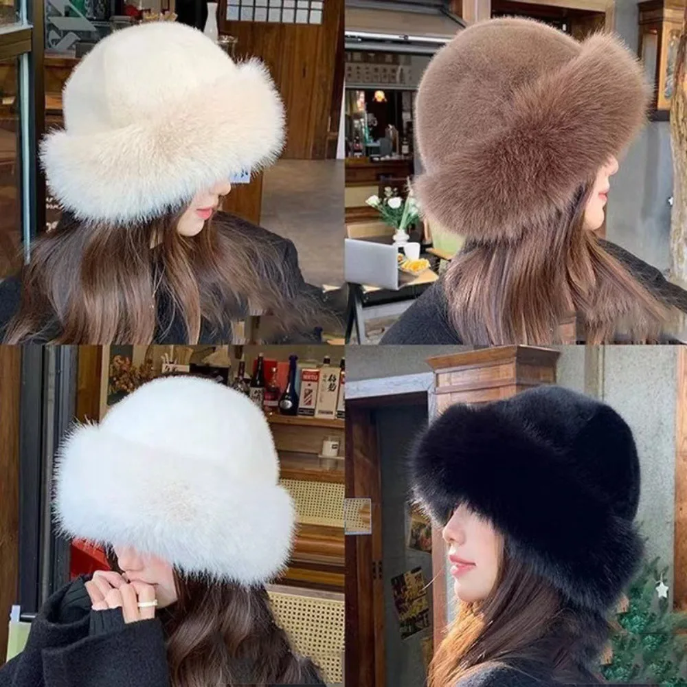 Flauschige Fell-Eimermütze für Damen, Plüsch-Winter-Fischermütze für verschneite Tage und kaltes Wetter