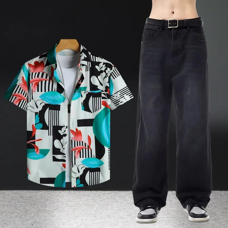 طقم قمصان جينز صيفي بأكمام قصيرة للرجال مكون من قطعتين ملابس كاجوال رفيعة ومريحة