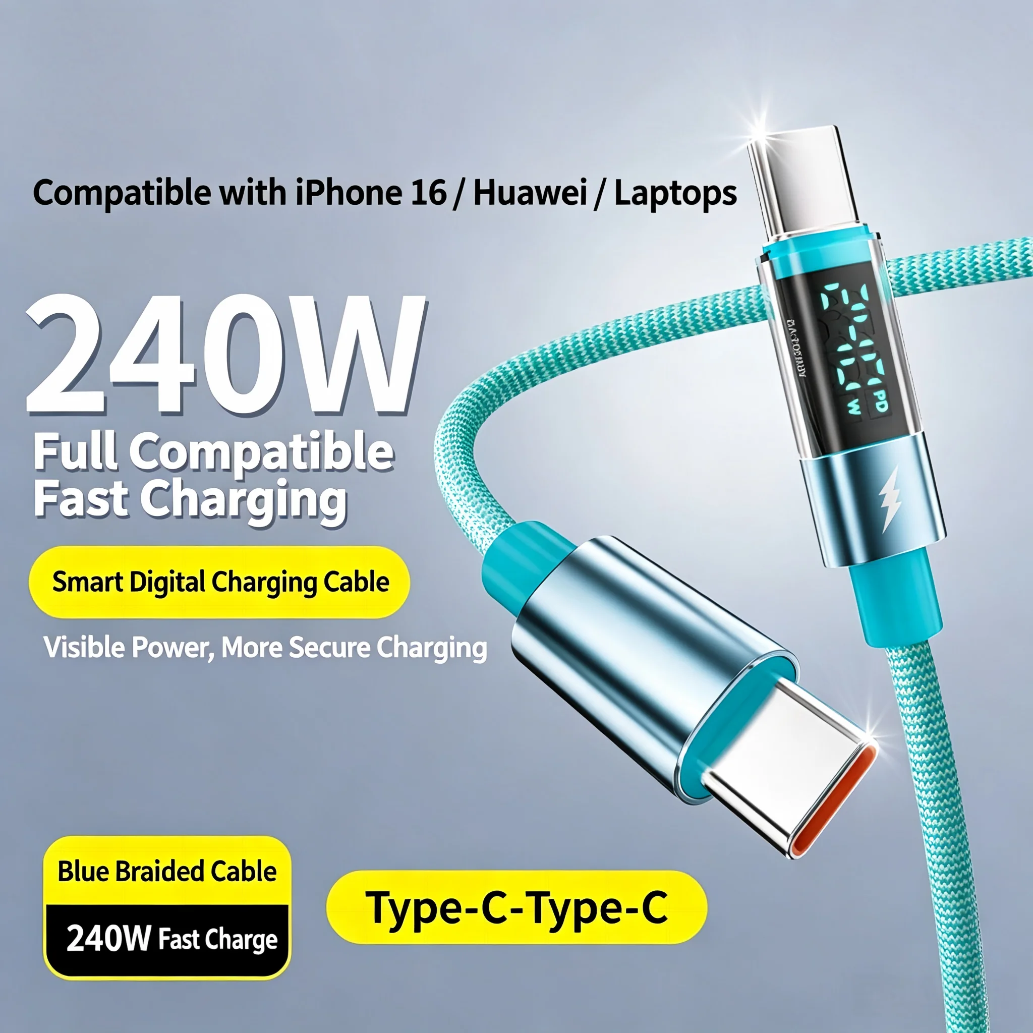 240W Type C to Type C Fast Charging Cable Digital Display USB C Data Cable For iPhone 17 16 15 Pro Max Samsung Tablet Laptop