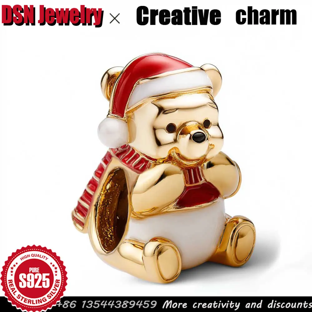 

Серебряный шарм Disney 925, Рождественское платье Винни-Пух, индивидуальная бусина для браслета, детский игровой шарм, женские роскошные ювелирные изделия