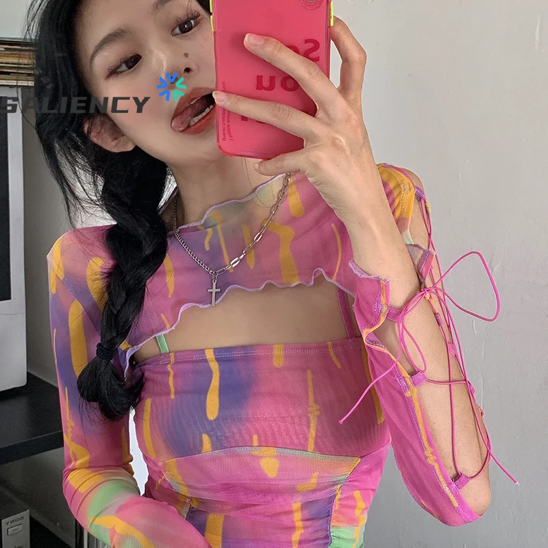 Saliency Vintage Rainbow Mesh Bottoming Shirt  Women's Spring Casual Hollow  Long Sleeve Sexy Mesh Tops Blusas