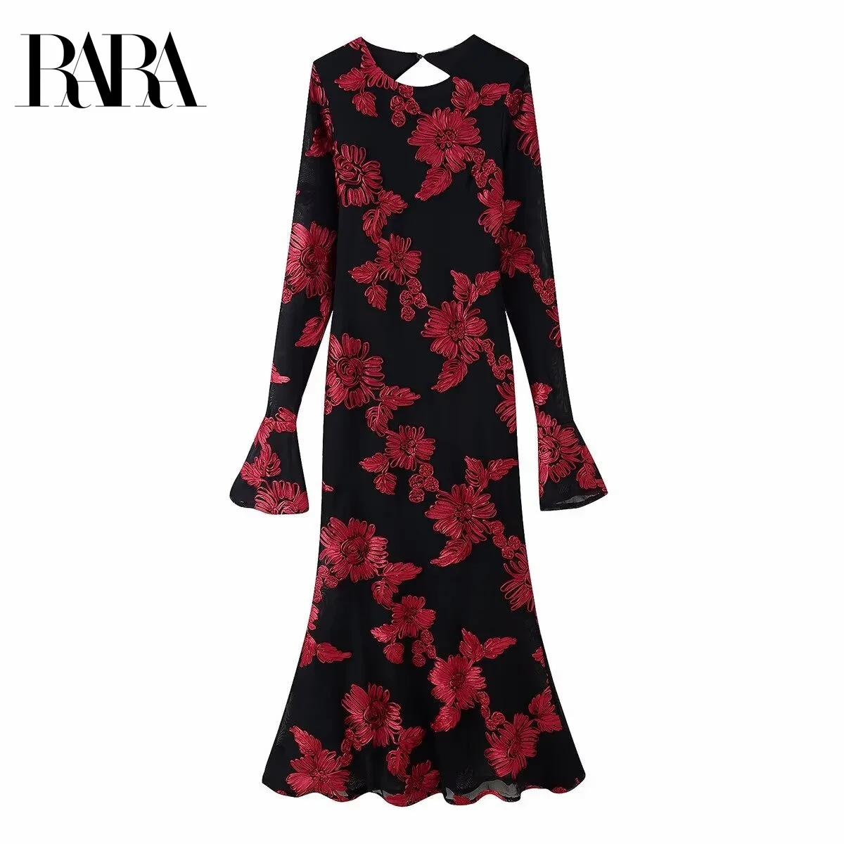 

RARA2025 new summer women's casual fashion French waist slimming V-neck jacquard embroidery round neck long dress