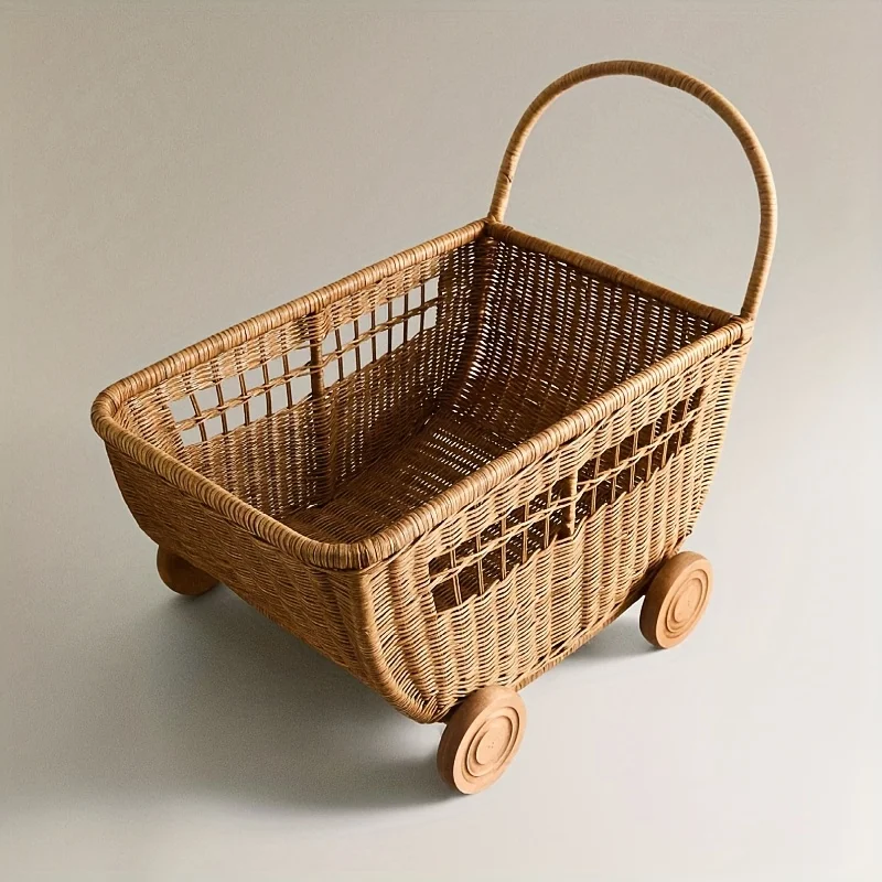 Vintage Rattan Cart Handwoven Wicker Doll Carriage for Toy Storage Home Decor Baby Shower Wedding Centerpiece Room Decor
