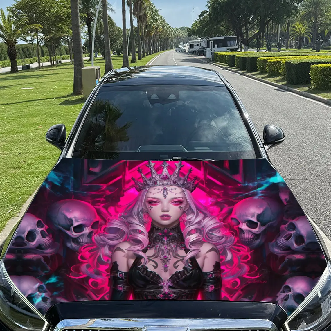 

Neon Skull Queen Car Vinyl Wrap, PVC Material Waterproof Car Hood Sticker, Self-Adhesive Scratch-Resistant Stickers for Engine C