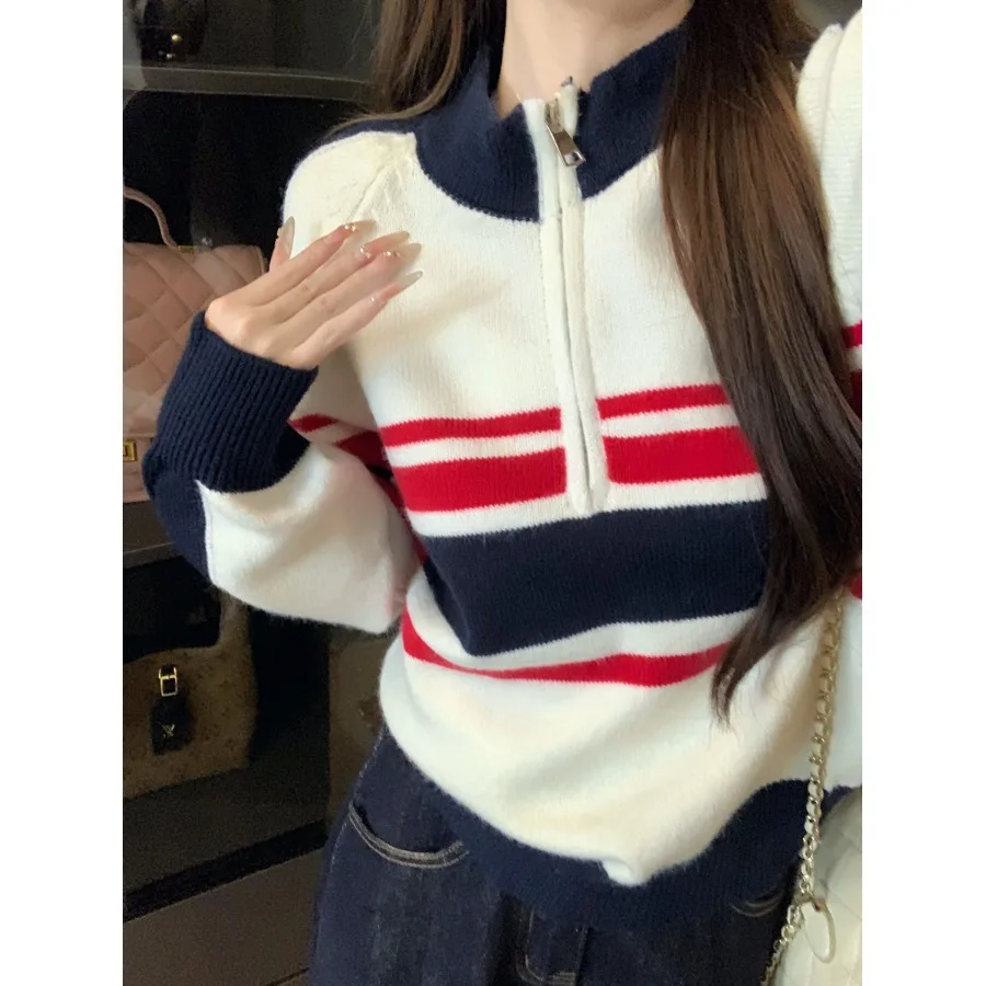 

American Retro Striped Long Sve Sweater Women's Autumn Winter New f Zip Slimming Versatile Overhead Knitted Top