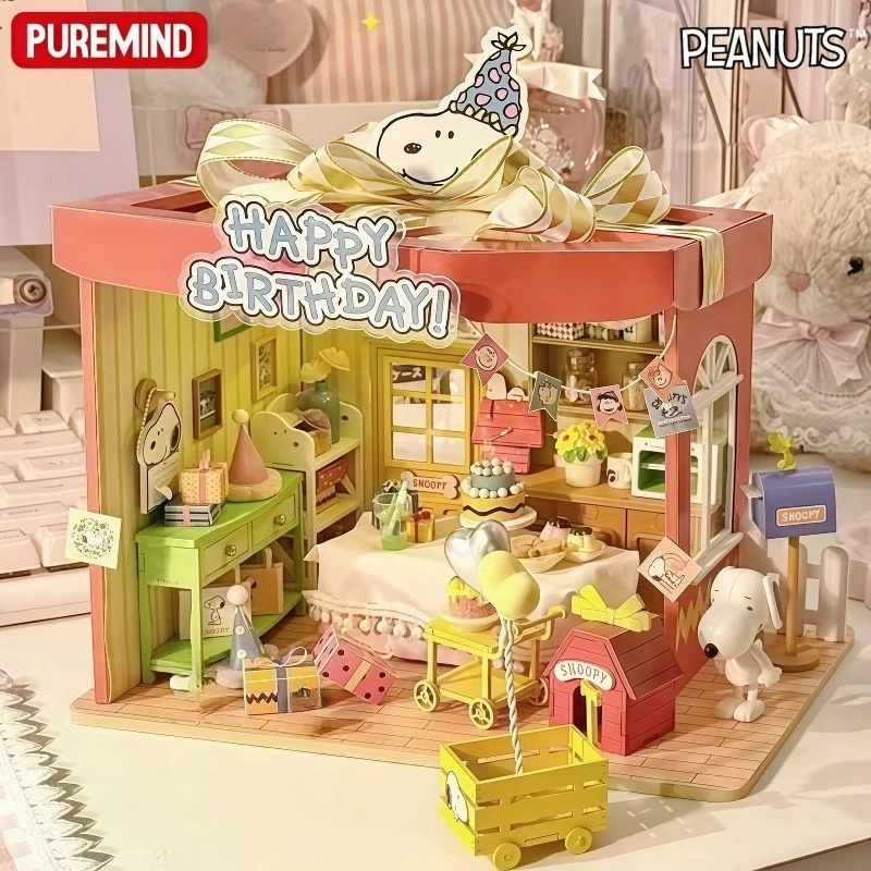 PUREMIND Snoopy Birthday Party DIY Miniature Scene Building Blocks Assemble House Model Peanuts Toy Holiday Gift for Collectors