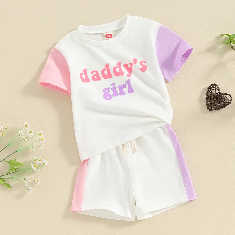 Toddler Baby Girl Summer Clothes Block Color Short Sleeve Daddy s Girl Shirt Top Cotton Shorts Cute Outfit